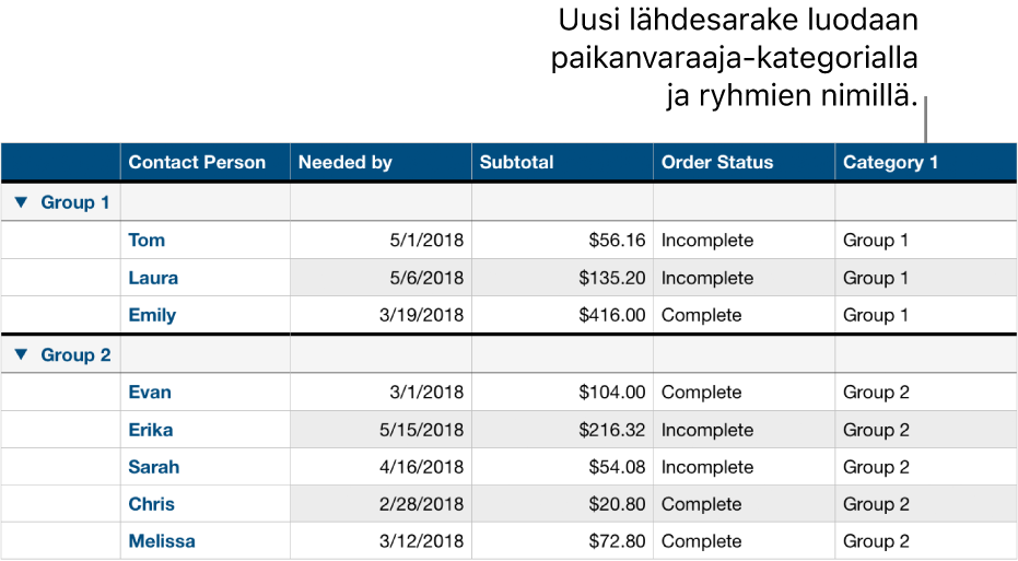Kategorisoitu taulukko, jossa näkyvät kategorian ja ryhmien paikanvaraajanimet.