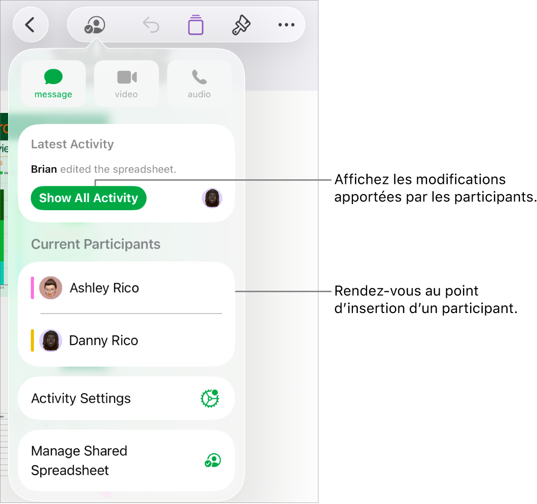 Le menu de collaboration avec la liste des participants actuels.
