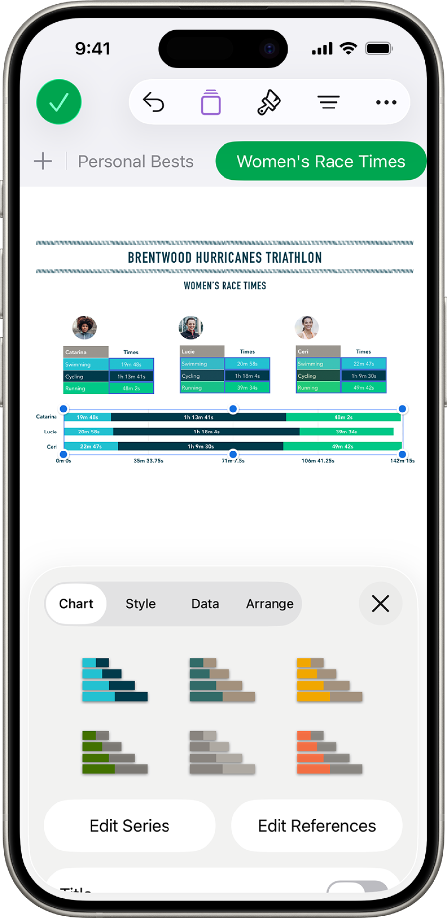 Diagramme circulaire affichant les pourcentages des randonnées terminées. Le menu Format est également ouvert, affichant différents styles de tableaux parmi lesquels choisir, ainsi que l’option de modifier les séries ou les références de graphique et d’activer ou de désactiver le titre du graphique.