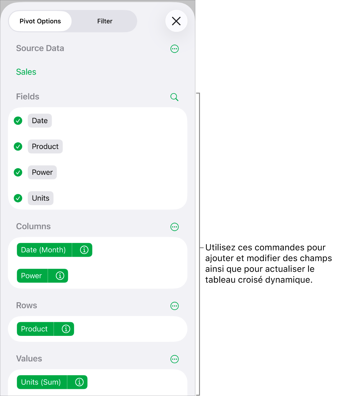 Menu Options de croisement dynamique avec des champs dans les sections Colonnes, Rangées et Valeurs, ainsi que des commandes pour modifier les champs.