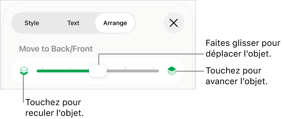 Le bouton de déplacement vers l’arrière, le bouton de déplacement vers l’avant et le curseur de superposition.