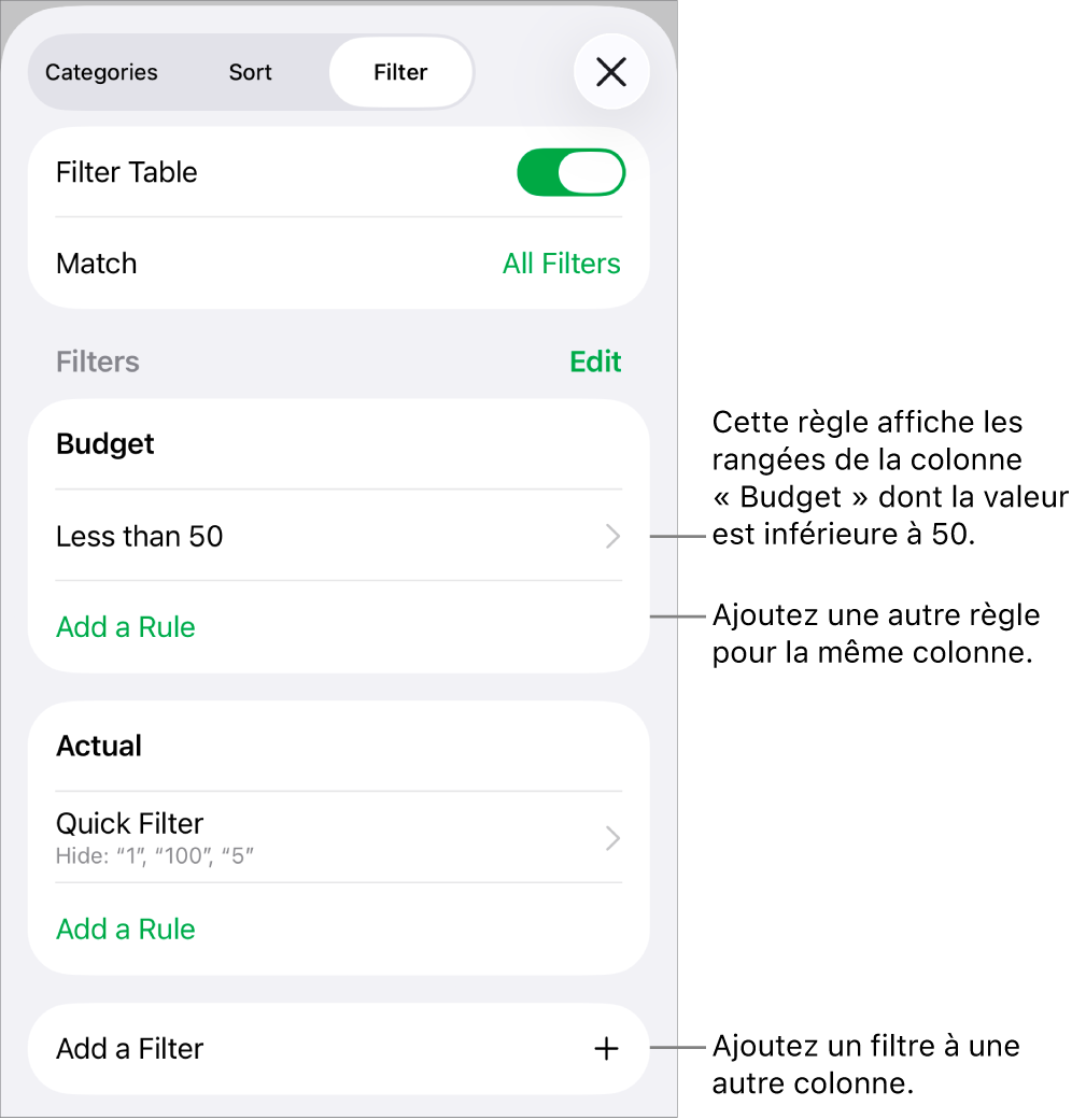 Commandes pour ajouter de nouvelles règles de filtre ou modifier les règles existantes.