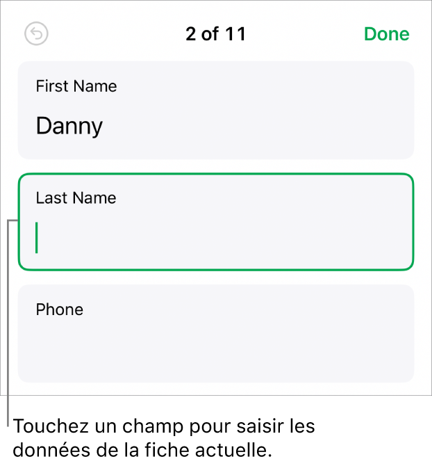 Une fiche dans un formulaire affichant un champ actif avec un point d’insertion.