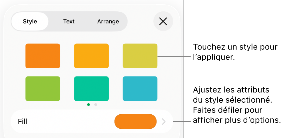 Onglet Style du menu Format avec des styles de forme en haut et, en dessous, des couleurs de remplissage.