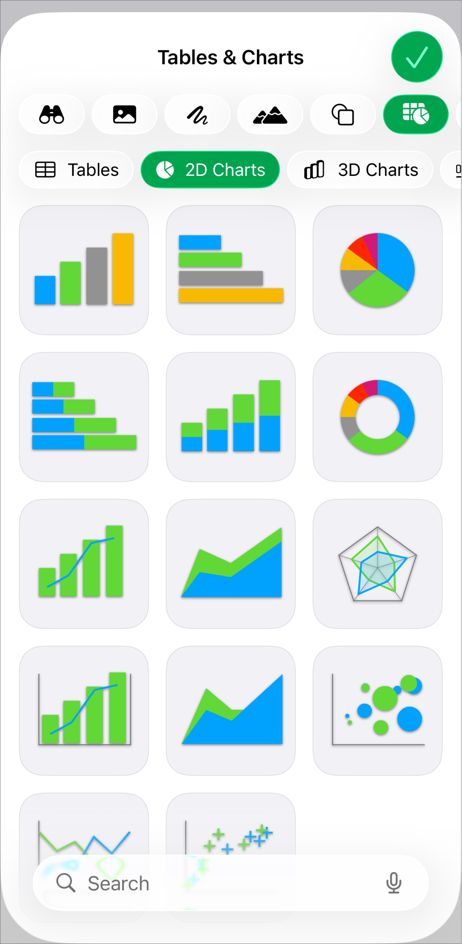 Le menu des graphiques affichant des graphiques 2D.
