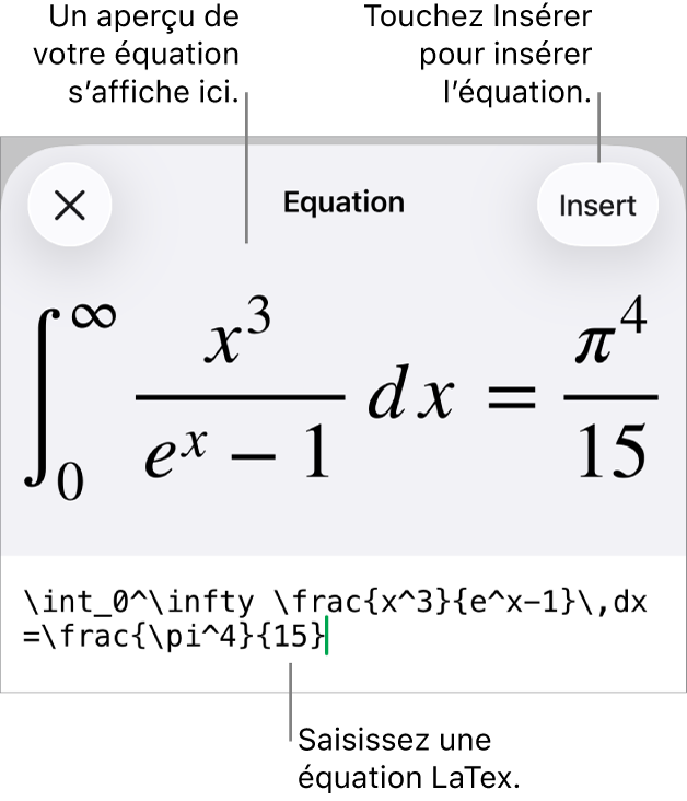 Zone de dialogue Équation, affichant une équation composée à l’aide des commandes LaTex et aperçu de la formule au-dessus.