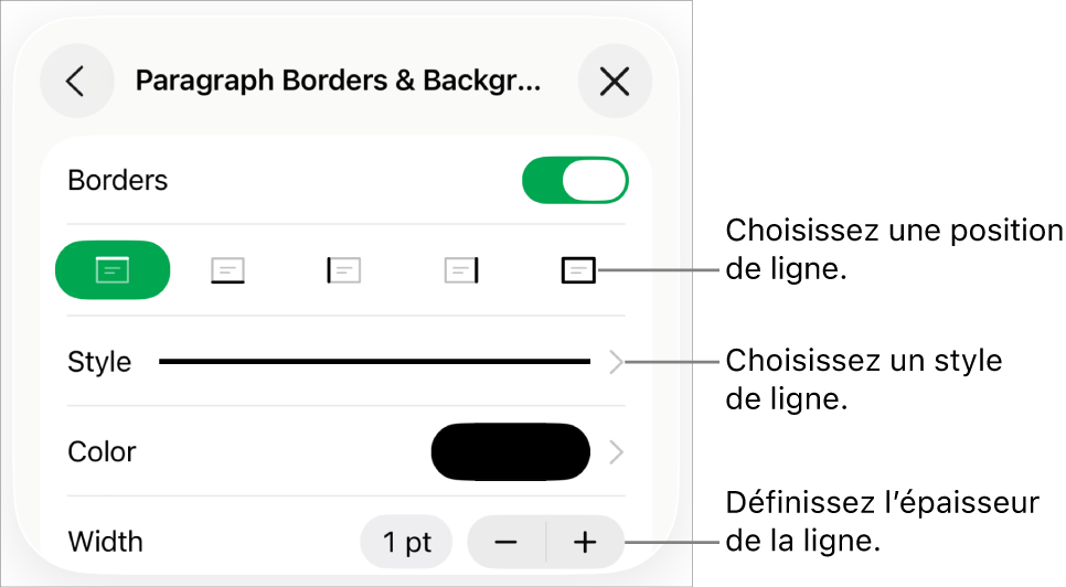 Commandes permettant de modifier le style, l’épaisseur, la position et la couleur de la ligne.