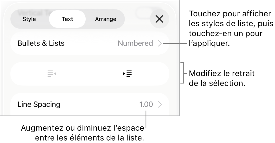 La section Puces et listes des commandes Format avec des légendes indiquant le menu Puces et listes, les boutons de retrait ou de suppression du retrait, et les commandes d’interligne.