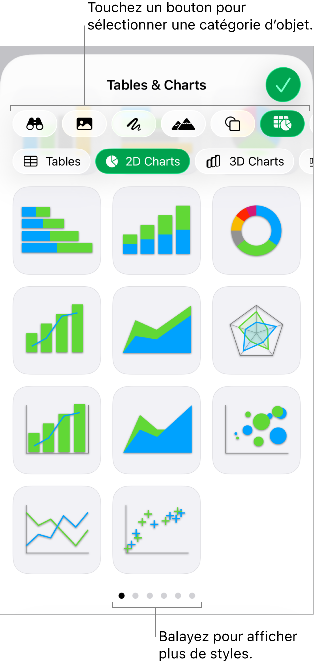 Commandes pour l’ajout d’un objet, avec des boutons en haut permettant de sélectionner des tableaux, des graphiques, des formes (notamment des lignes et zones de texte) et du contenu multimédia.
