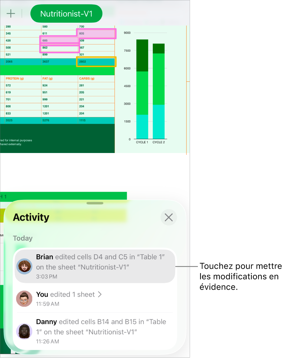 Une feuille de calcul collaborative avec le menu de collaboration et la liste des activités ouverts.