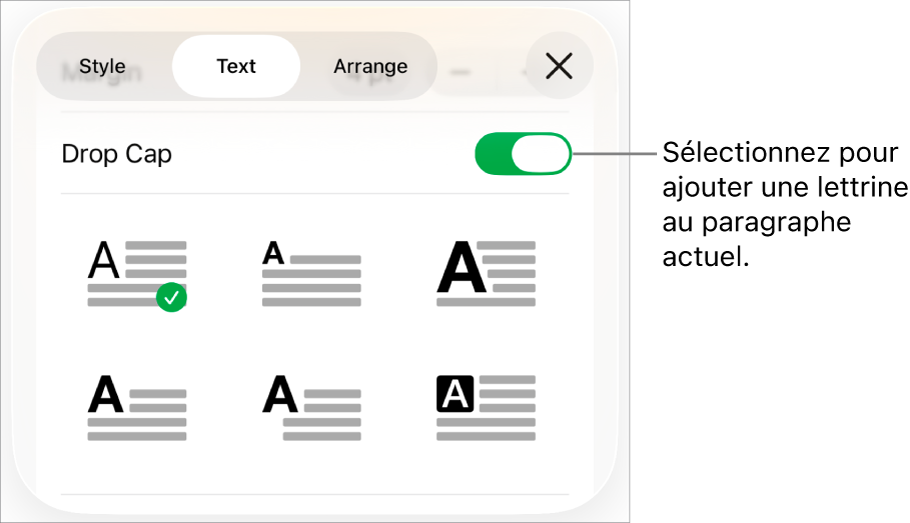 Les commandes Lettrine situées dans le menu Texte.