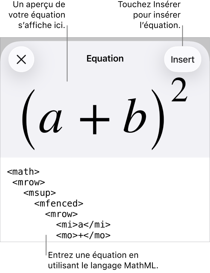 Zone de dialogue Équation, affichant une équation composée à l’aide des commandes MathML et aperçu de la formule au-dessus.