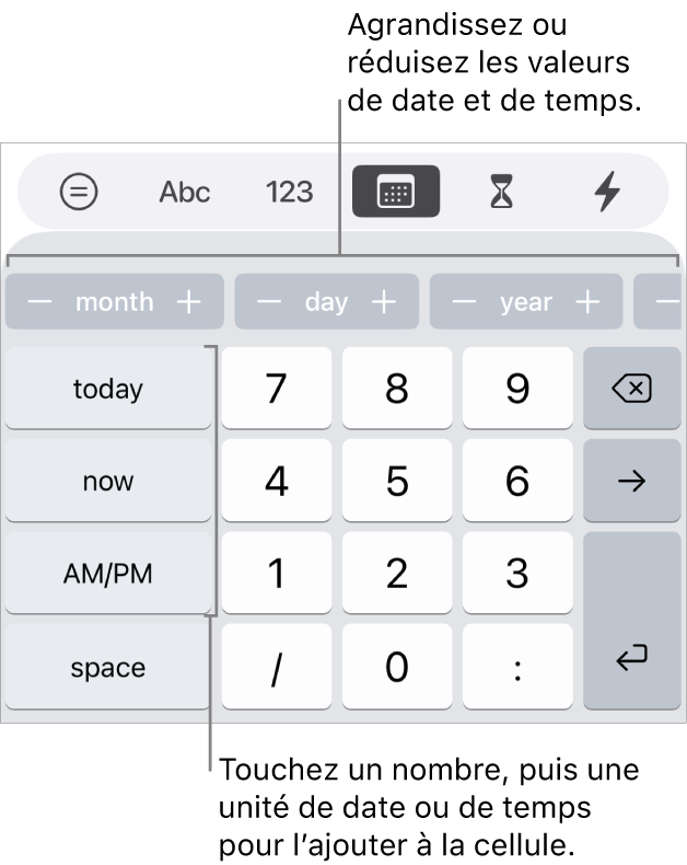 Clavier de date et d’heure. Une rangée de boutons située en haut affiche les unités temporelles (mois, jour et année) que vous pouvez incrémenter pour modifier la valeur indiquée dans la cellule. Les touches situées à gauche correspondent à aujourd’hui et maintenant. Les touches numériques se trouvent au centre du clavier.