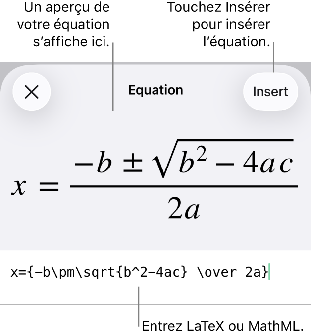 Zone de dialogue Équation, affichant une équation composée à l’aide des commandes MathML et aperçu de la formule au-dessus.