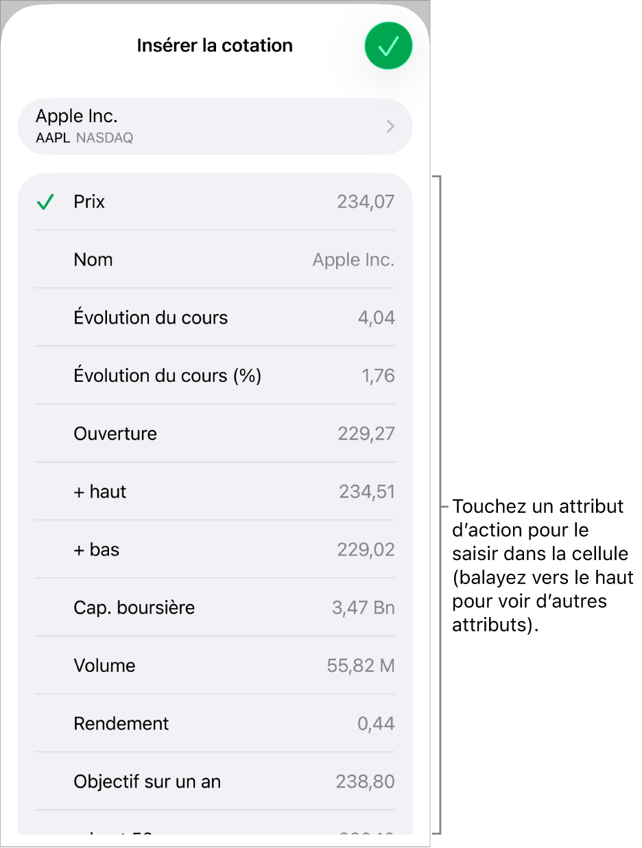 Fenêtre surgissante Cotation, le nom de l’action apparaissant en haut et les attributs d’action sélectionnables, notamment le cours, le nom du cours, son évolution, cette évolution en pourcentage et le cours à l’ouverture apparaissant en bas.