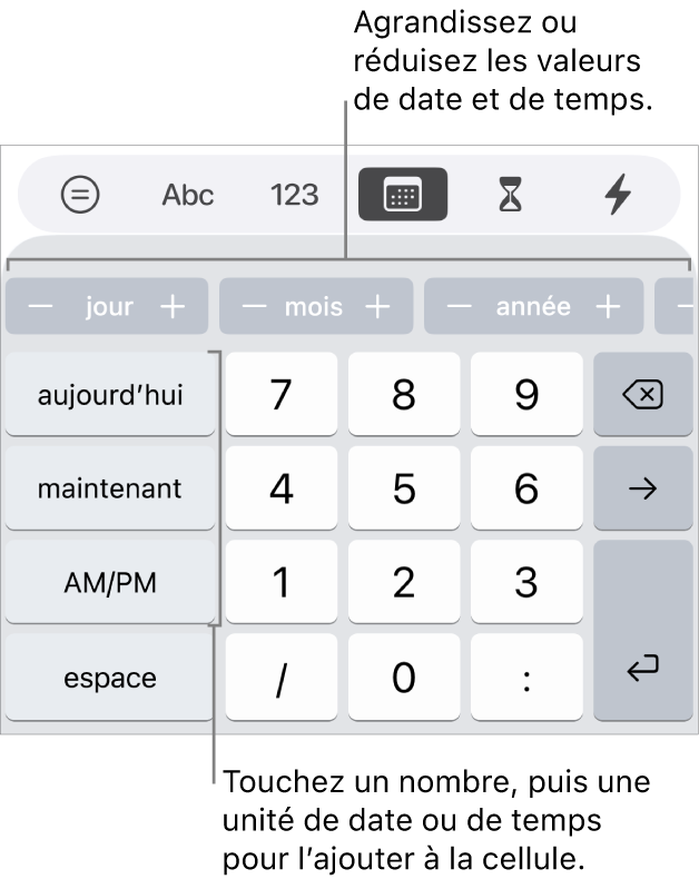 Clavier de date et d’heure. Une rangée de boutons située en haut affiche les unités temporelles (mois, jour et année) que vous pouvez incrémenter pour modifier la valeur indiquée dans la cellule. Les touches situées à gauche correspondent à aujourd’hui, maintenant et AM/PM. Les touches numériques se trouvent au centre du clavier.