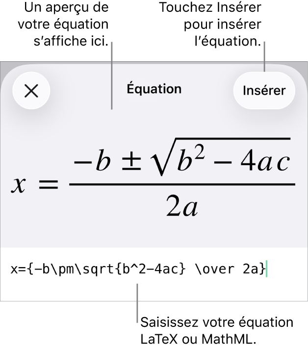 Zone de dialogue Équation, affichant une équation composée à l’aide des commandes MathML, et un aperçu de la formule au-dessus.