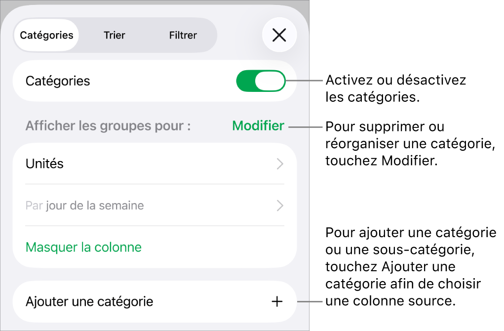 Le menu catégories pour iPhone, avec des options permettant de désactiver les catégories, supprimer des catégories, regrouper des données, masquer une colonne source et ajouter des catégories.