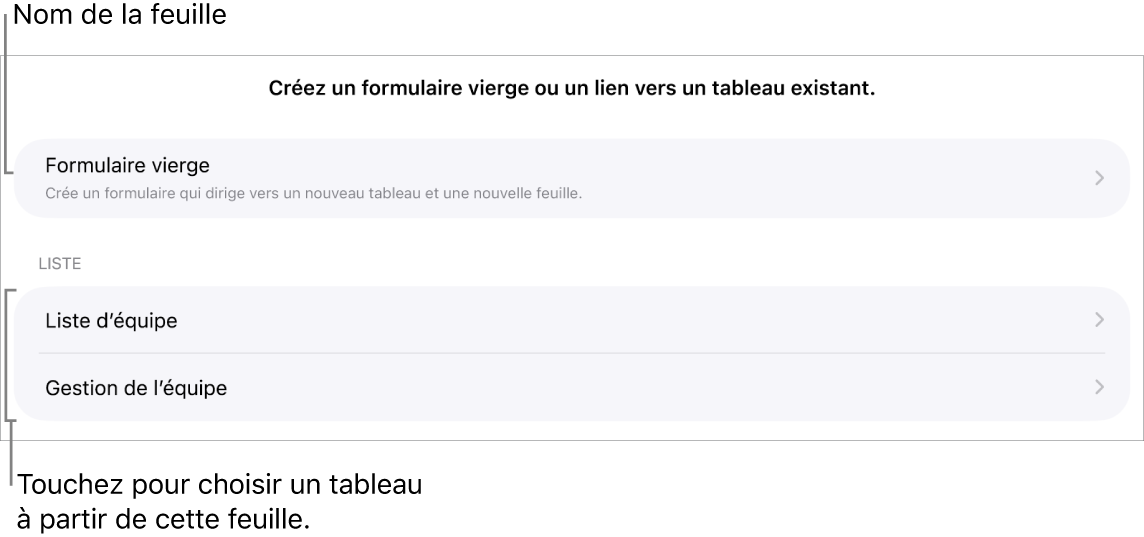 Une liste de tableaux qui se trouve dans la même feuille de calcul, avec l’option pour créer un formulaire vierge en haut.