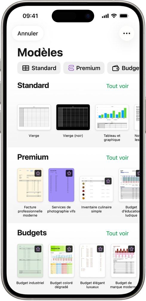 La liste de modèles, avec un rang de catégories en haut que vous pouvez toucher pour filtrer les options. En dessous, vous trouverez les vignettes des modèles prédéfinis disposées en rangs par catégorie, en commençant par Récents en haut, puis Standard et « Finance personnelle ». Un bouton Tout afficher apparaît à droite au-dessus du rang de chaque catégorie. Le bouton Langue et région se trouve dans le coin supérieur droit.