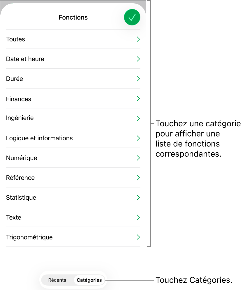 Le navigateur de fonctions avec le bouton Catégories sélectionné et la liste des catégories en dessous.
