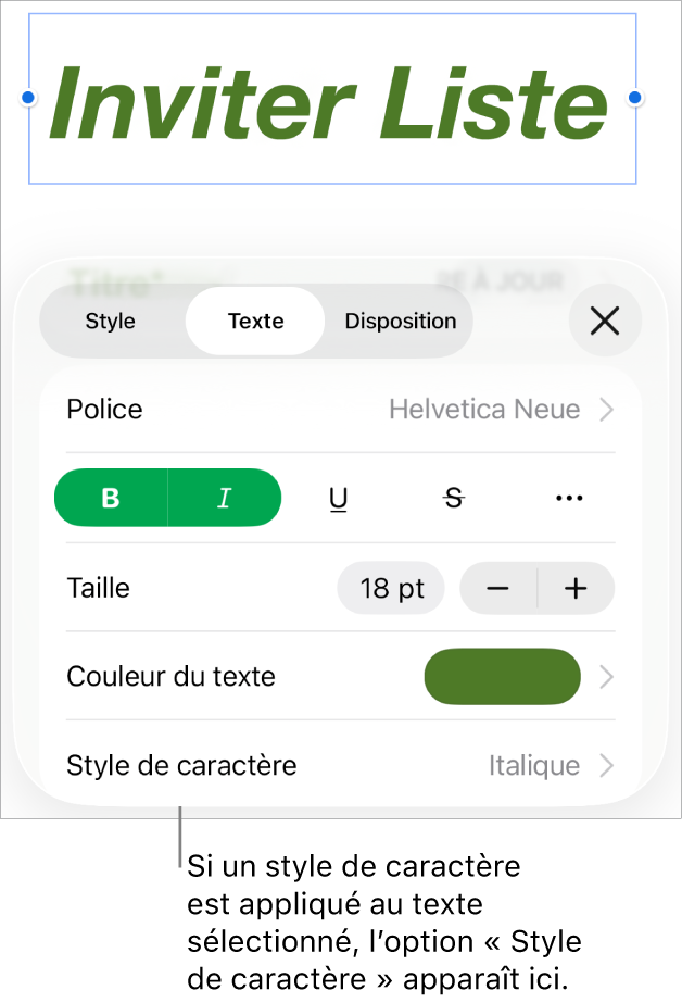 Commandes de mise en forme de texte avec Style de caractère au-dessous des commandes de couleur. Le style de caractère Aucun s’affiche avec un astérisque.
