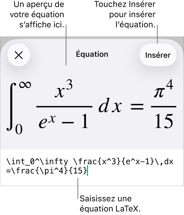 Zone de dialogue Équation, affichant une équation composée à l’aide des commandes LaTeX, et un aperçu de la formule au-dessus.