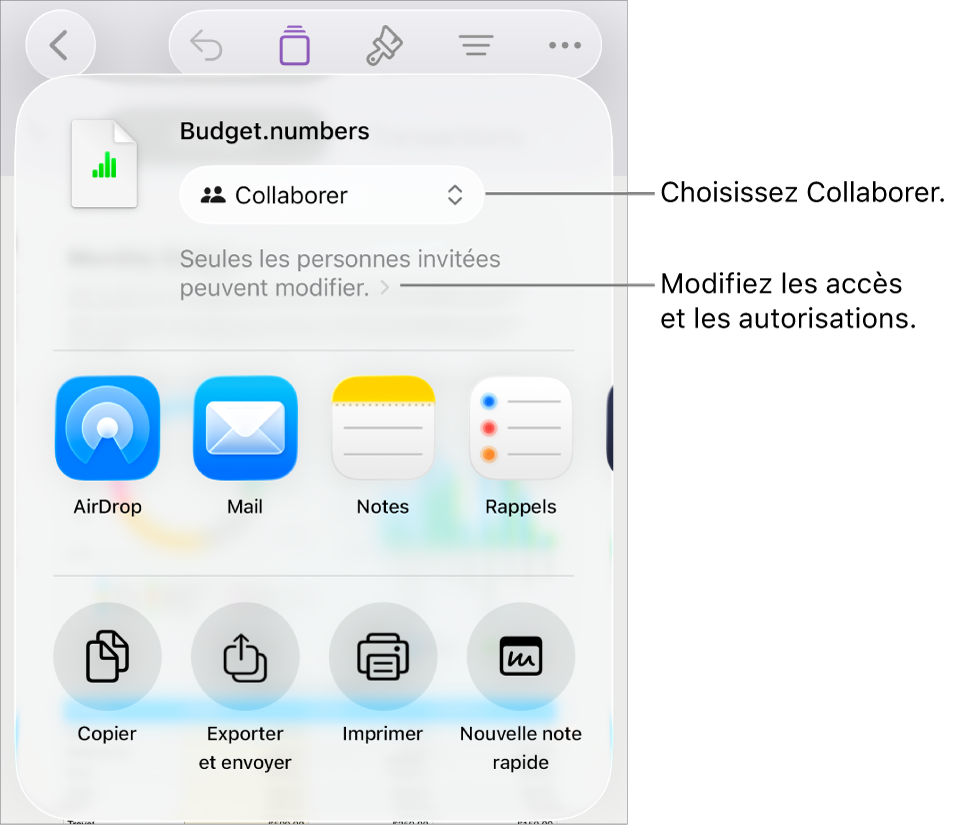 Le menu Partager avec l’option Collaborer sélectionnée en haut, et des réglages d’accès et d’autorisation en dessous.