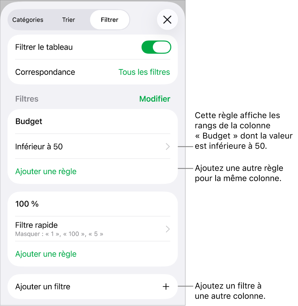 Commandes d’ajout de règles de filtrage ou de modification des règles existantes.