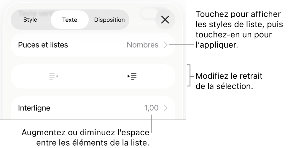 La section « Puces et listes » des commandes Format avec des légendes pour « Puces et listes », les boutons d’indentation et de suppression d’indentation et les commandes d’espacement entre les lignes.