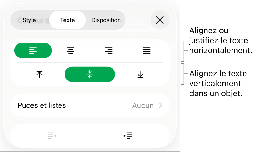 Section Disposition de l’inspecteur Format avec les légendes des boutons d’alignement et d’espacement de texte.
