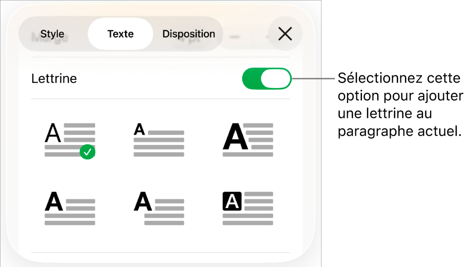 Les commandes Lettrine situées dans le menu Texte.