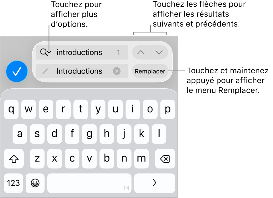 Les commandes de Rechercher et remplacer au-dessus du clavier avec des légendes pour les boutons Options de recherche, Remplacer, Monter et Descendre.