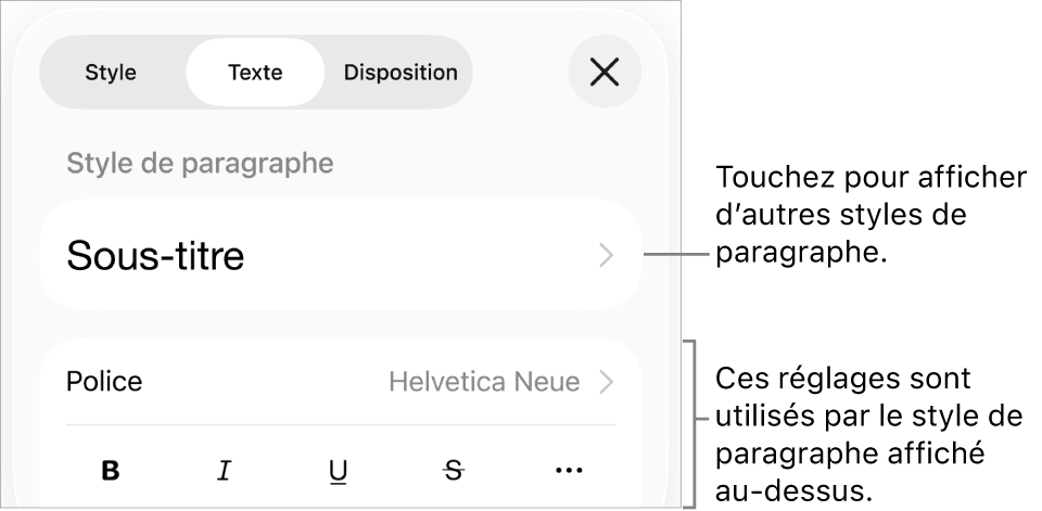 Menu Format montrant les commandes de texte permettant de définir les styles, la police, la taille et la couleur des paragraphes et des caractères.