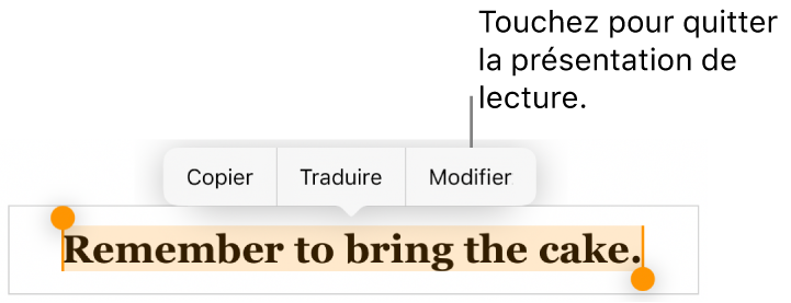 Une phrase est sélectionnée. Au-dessus de celle-ci s’affiche un menu contextuel avec les boutons Copier et Modifier.
