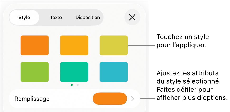 L’onglet Style du menu Format avec les styles de figure en haut et un cadre de couleur de remplissage au-dessous.