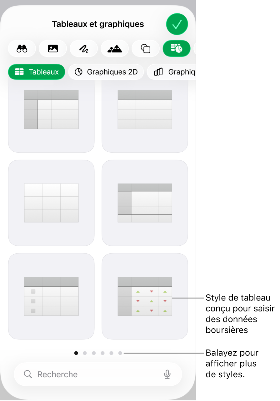 Le bouton Tableau sélectionné, avec les styles de tableau affichés en dessous.