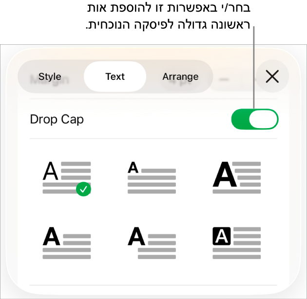 כלי הבקרה של ״אות פתיח״ נמצאים בתפריט ״מלל״.