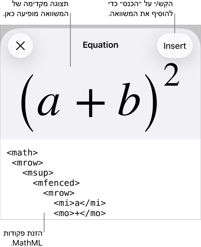 תיבת הדו‑שיח ״משוואה״, מציגה משוואה שכתובה באמצעות פקודות MathML, עם תצוגה מקדימה של הנוסחה למעלה.