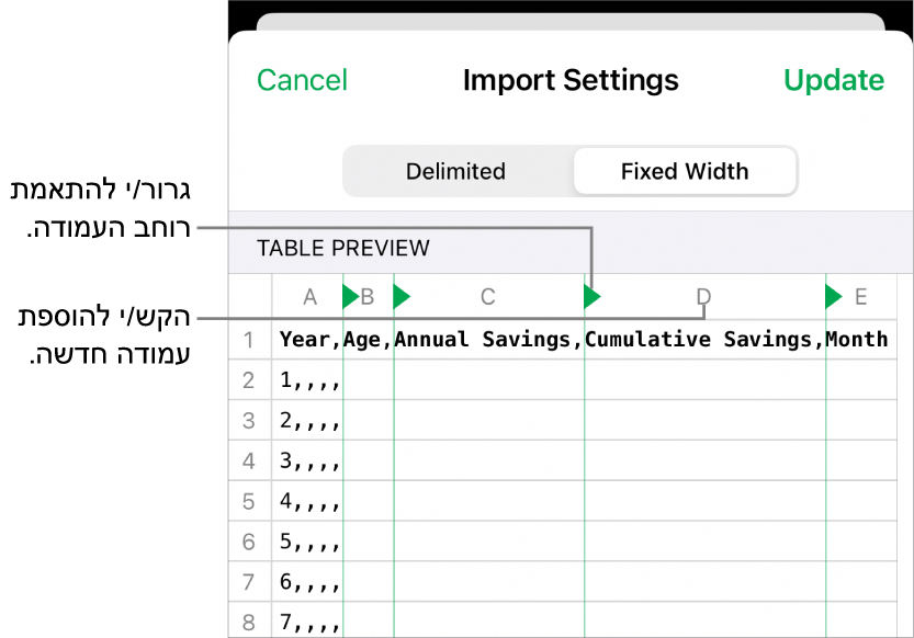 הגדרות הייבוא עבור קובץ מלל ברוחב קבוע.