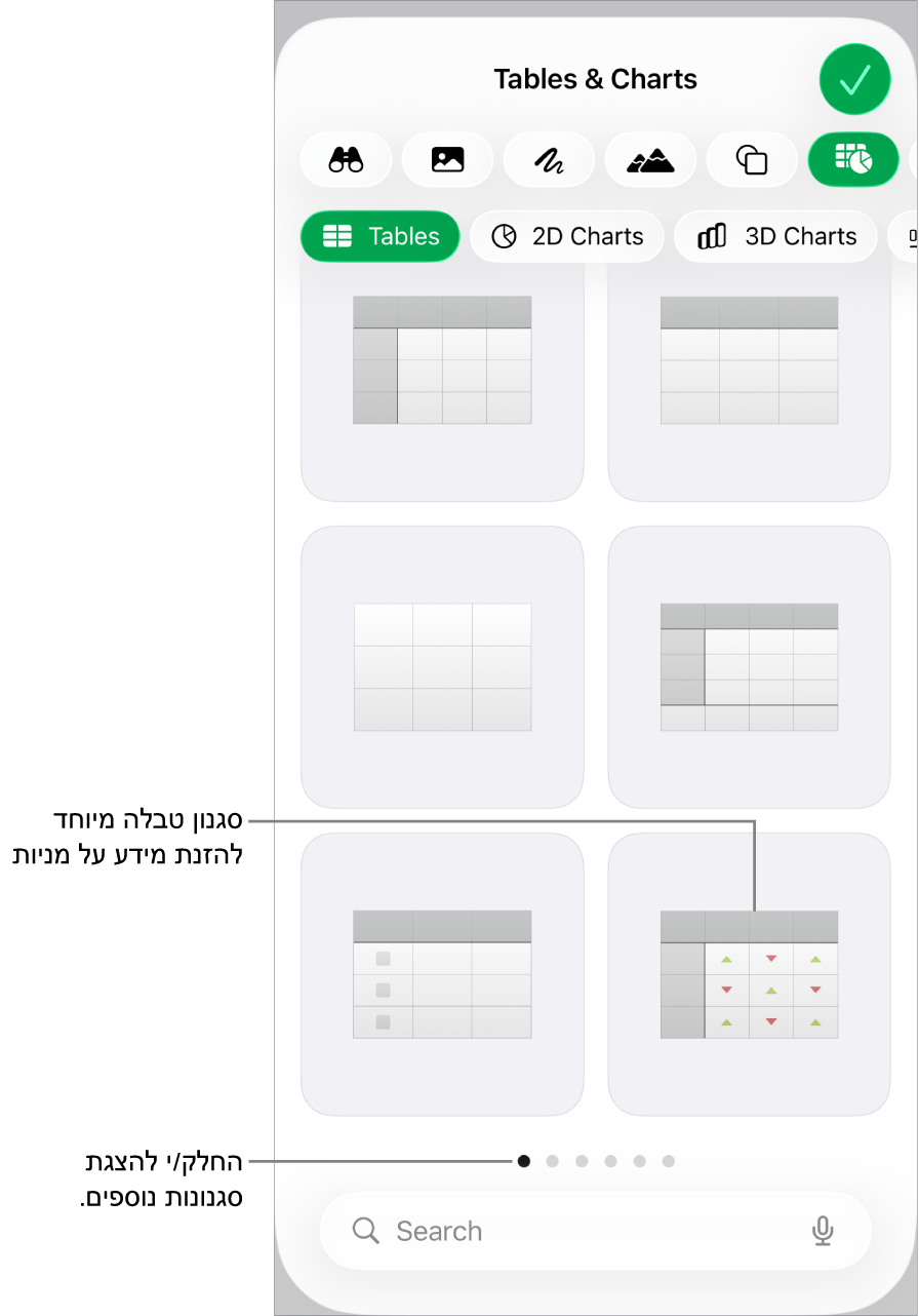 תמונות ממוזערות של סגנונות הטבלה הזמינים, עם סגנון מיוחד להזנת פרטי מניות בפינה הימנית התחתונה. שש הנקודות בתחתית מציינות שניתן להחליק כדי לראות סגנונות נוספים.