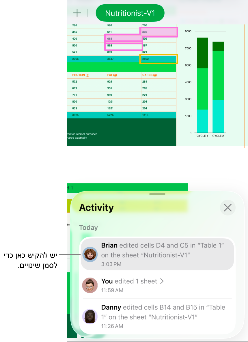 גיליון עבודה שיתופי כאשר רשימת הפעולות ותפריט ״שיתוף פעולה״ פתוחים.