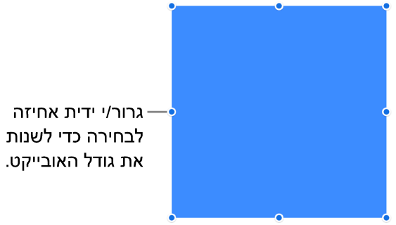 אובייקט עם נקודות כחולות על הגבול שלו המיועדות לשינוי גודלו.