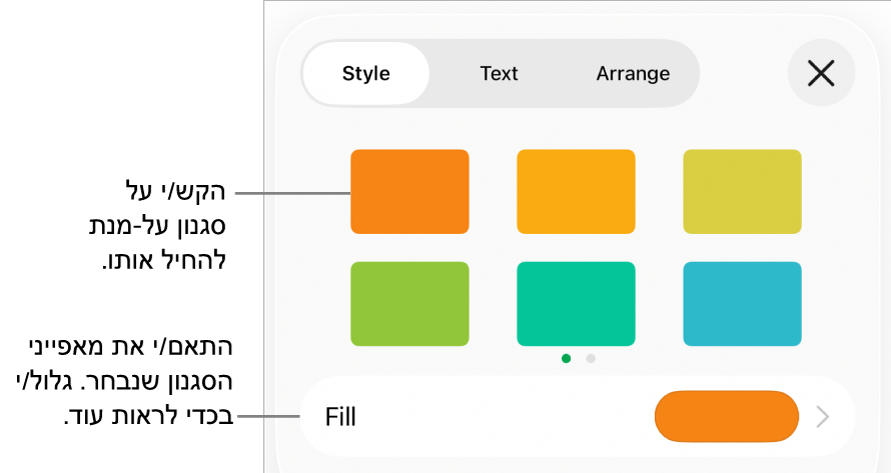 הכרטיסייה ״סגנון״ בתפריט ״עיצוב״ עם סגנונות אובייקטים בחלק העליון ומתחת להם כלי בקרה לשינוי המילוי.