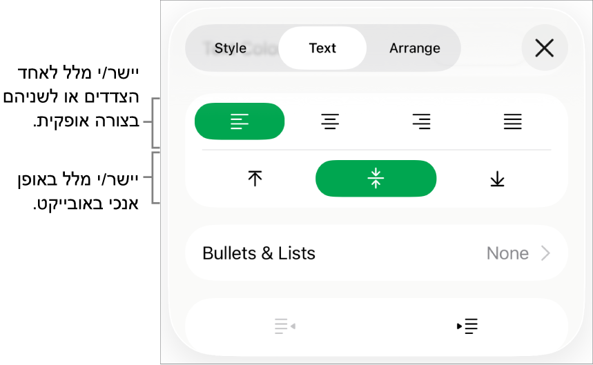 מקטע ״פריסה״ בסוקר העיצוב עם הסברים לכפתורי יישור וריווח של מלל.
