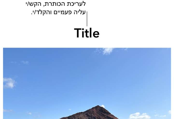 מציין המיקום של כותרת, ״כותרת״, מופיע מתחת לתמונה; קו מתאר כחול מסביב לשדה הכותרת מראה שהשדה נבחר.