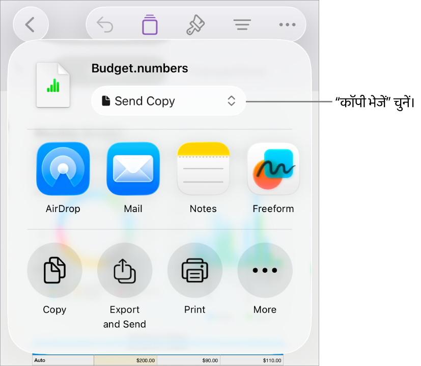 “शेयर करें” मेनू जिसके शीर्ष पर “कॉपी भेजें” चुना गया है।