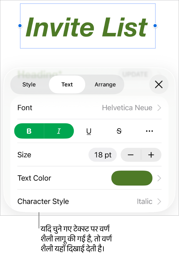 रंग नियंत्रणों के नीचे वर्ण शैली के साथ टेक्स्ट फ़ॉर्मैटिंग नियंत्रण। वर्ण शैली में तारांकन चिह्न के साथ “कुछ नहीं” दिखता है।