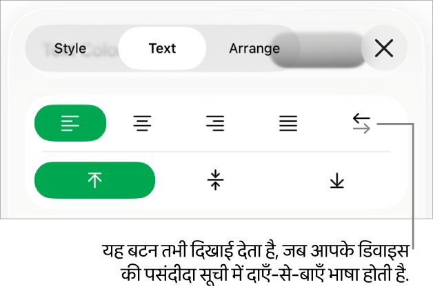 “दाएँ से बाएँ” बटन के लिए कॉलआउट वाले फ़ॉर्मैट मेनू का “शैली” सेक्शन।