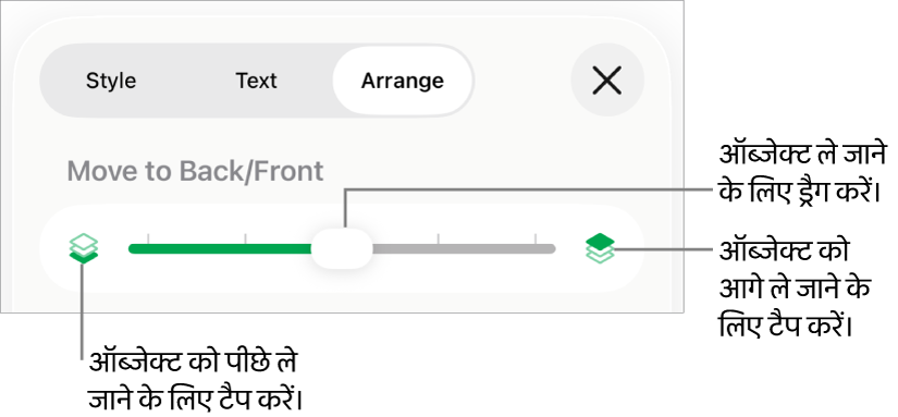 “पीछे मूव करें” बटन, “आगे मूव करें” बटन और लेयर स्लाइडर।